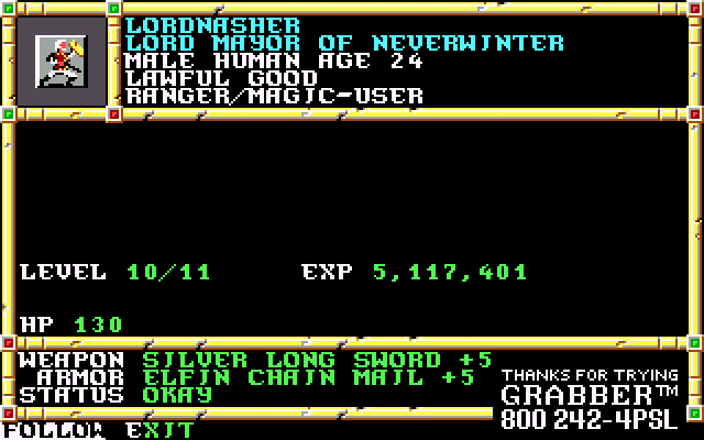 Lord Nasher's character sheet from Neverwinter Nights.
