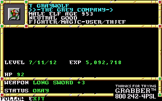 Thrand Graywolf's character sheet from Neverwinter Nights.