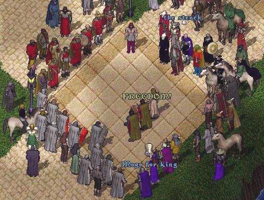 Thrand, Elen, and Ged observe Calandryll's declaration of rebellion in Trinsic.